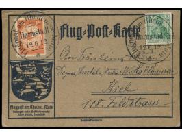 1 M. Gelber Hund  ungestempelt auf orangener Flugpost-Karte mit 5 Pfg. Germania nach Kiel, Sonderstempel  Flugpost Darmstadt 