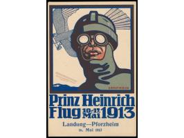 Prinz Heinrich Flug ... - Landung Pforzheim 16. Mai 1913,  seltene mehrfarbige Litho-Ansichtskarte mit Bild eines Piloten vor