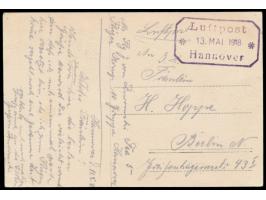Fliegerkurierlinie Köln - Hannover - Berlin,  Feldpostkarte mit Achteckstempel  Luftpost Hannover  13. Mai 1918 mit Luftpost 