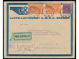 2 M. Posthorn und 2 x 10 Pf. Flugpost auf Vordruckumschlag  Lloyd-Luftdienst G.m.b.H. Bremen  als Luftpostbrief mit Stempel  