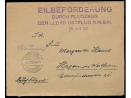 Luftpostbrief mit rückseitig  Flugpost-Ausgabe  12 x 10 Pf. und 5 x 40 Pf., Stempel  Stettin-Flugplatz  15.7.22 nach Hagen in