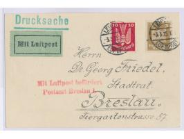 Leipziger Messe,  Messeflug nach Breslau, Drucksachenkarte, Frankatur 3 Pf. und 10 Pf., Stempel Leipzig Luftpost 3.3.25, rote