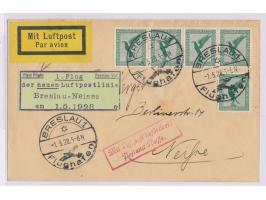 Erstflug Breslau - Neisse  1.5.28, Brief mit 5 x 5 Pf. Flugpost, Stempel  Breslau Flughafen  1.5.28, roter MLb Postamt Neisse