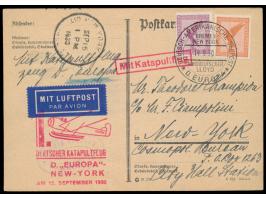 1. Deutscher Katapultflug D. Europa - New York am 15. September 1930,  Luftpostkarte mit Dt. Reich 15 Pf. und 50 Pf. Flugpost