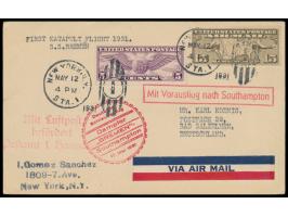 Schleuderflug Dampfer Bremen - Southampton  17.5.1931, Postkarte mit USA 5 C. und 15 C. Flugpost nach Deutschland, Stempel Ne