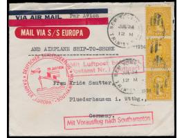 3 x  USA  10 C. auf Luftpostbrief mit Stempel New York 24.7.1934 nach Deutschland, roter Leitzettel "Mail via S/S Europa",  S