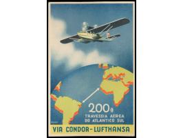 Werbekarte  "200a. Travessia Aerea ... Condor-Lufthansa"  mit brasilianischer Sondermarken-Frankatur nach Deutschland, Stempe