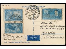 Werbekarte  "200a. Travessia Aerea ... Condor-Lufthansa"  mit brasilianischer Sondermarken-Frankatur nach Deutschland, Stempe