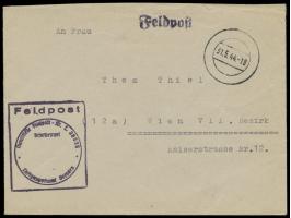 Feldpostbrief mit stummem Stempel 31.5.44 nach Wien, Absenderangabe und Briefstempel mit Feldpostnummer 36535 = Regimentsstab