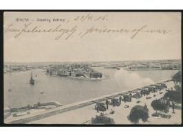 Ovalstempel  Free from Prisoner of War Malta / PC,  seltene  rote Stempelfarbe,  auf Ansichtskarte "Malta - Saluting Battery"