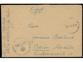 Feldpostbrief mit stummem Stempel 24.7.44 nach Berlin, vorderseitig handschriftlicher Absender und Briefstempel mit Feldpostn