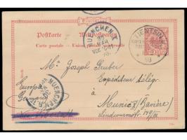 Vorläufer-Ganzsache  10 Pf. nach München, geschrieben in "Zining am Kaiserkanal, 10. Jan. 98", Stempel  Tientsin  18.2.98, Le