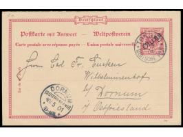 Ganzsachen-Doppelkarte 10 Pf. mit diagonalem Aufdruck, Stempel  Tongku  18.4.01, an Eucken in Dornum, Ankunftstempel 30.5.01,