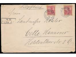 Petschili-Aushilfsausgabe,  2 x  10 Pf. Germania  (Zahnspitzen stockfleckig) auf übergewichtigem Feldpostbrief (51 bis 250 g)