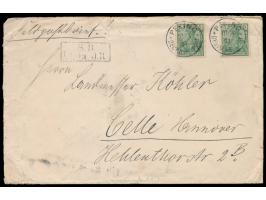 Petschili-Aushilfsausgabe,  2 x  5 Pf. Germania  (einzelne Stockpunkte, eine Marke kleiner Eckfehler) auf Feldpostbrief nach 