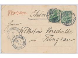 2 x 5 Pf. mit Stempel Landeshut (Schles.) 4.1.04 auf Ansichtskarte nach Tsingtau, Ankunftstempel Tsingtau a 28.1.04, nachgesa