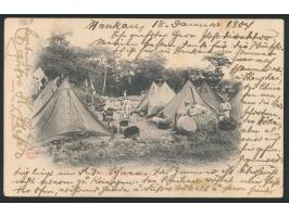 Stempel  Hankau  19.1.04 auf Ansichtskarte "Soldiers Camp near Synyang", Frankatur 10 Pf., Absender ist  Postsekretär K. Schä