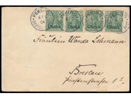 4 x 5 Pf. auf Brief mit Stempel  Peking  4.3.04 nach Breslau, Ankunftstempel 13.4.04, Bedarf
