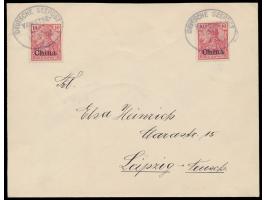 Stempel Deutsche Seepost  Yangtse-Linie d  1.3.05,  Dampfer Mei-Lee,  2 Abschläge auf Brief mit 2 x 10 Pf. nach Leipzig
Stich