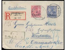 10 Pf. und 20 Pf. auf  Einschreibbrief  im Soldatentarif nach Deutschland, S.B.-Stempel 2. O.J. R. ..., Stempel  Tientsin a  