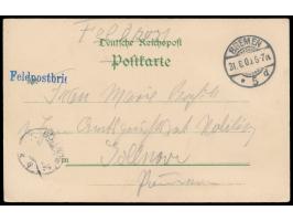 Feldpost bei Ausreise der Truppen:  Stempel  Bremen 5  31.8.00 und violetter L1  Feldpostbrief  auf Litho-Ansichtskarte "Grus
