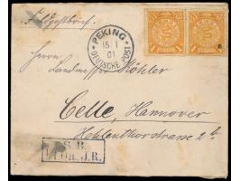 Feldpostbrief mit Stempel  Peking  15.1.01 nach Celle, blauer R2 S.B. 1/1. Oa. J.R., rückseitig handschriftliche Absenderanga