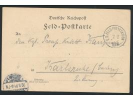 Stempel  K. D. Feld-Poststation No. 4  2.2.(01) auf Feldpost-Vordruckkarte nach Karlsruhe, geschrieben in  "Peitungfort 1,  1