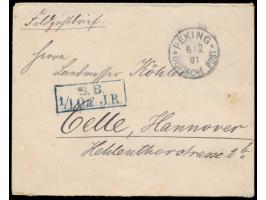 Feldpostbrief mit Stempel  Peking  6.2.01 nach Celle, blauer R2 S.B. 1/1. Oa. J.R., rückseitig handschriftliche Absenderangab