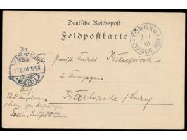 Stempel  Tongku  3.7.01 auf Feldpost-Vordruckkarte nach Karlsruhe, vorderseitig Absenderangabe  ... Taku "Südfort",  Ankunfts