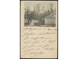 Japan-Ganzsache  4 Sen mit rückseitig mehrfarbigem Bild  German Hospital at Yokohama  nach Hamburg, Text "Gesund und Munter h