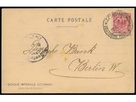 Mitläufer 10 Pf.  auf Postkarte der "Banque Imperiale Ottomane" nach Berlin, Stempel  Constantinopel 1  12.4.94, Ankunftstemp