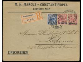 2 x 20 Pa. und 1 Pia. auf  Einschreibbrief  mit Stempel  Constantinopel 1  13.8.94  nach Portugal,  R-Zettel Einfeldt Nr. 2.2