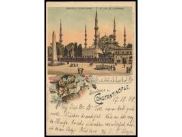 dekorative mehrfarbige Litho-Ansichtskarte "Souvenir de Constantinople - Mosquée du Sultan Ahmed ...", Verlag Max Fruchterman