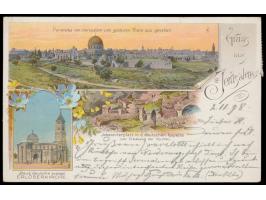 dekorative mehrfarbige Litho-Ansichtskarte "Gruss aus Jerusalem - Panorama / Erlöserkirche / Johanniterplatz", Verlag L. Scho