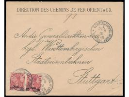 Paar 20 Pa. auf Brief mit vorderseitigem Absendereindruck  "Direction des Chemins de Fer Orientaux"  nach Stuttgart, Stempel 