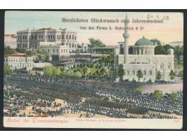 10 Para auf Ansichtskarte Constantinopel (Militär-Parade) mit zugedrucktem Neujahrsgruß als Drucksache nach Kiel, Gitterstemp