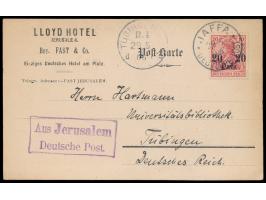 20 Para auf Postkarte mit vorderseitigem Absendereindruck  "Lloyd Hotel Jerusalem ..." , Stempel  Jaffa  22.5.06, blauviolett