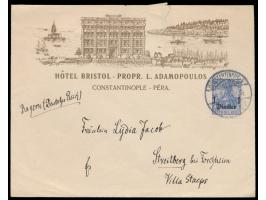 1 Pia. auf dekorativem  Bildumschlag "Hotel Bristol ... Constantinople-Péra",  Gitterstempel Constantinople 4.9.06, nach Deut