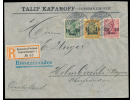 10 Para, 20 Para und 1 1/4 Pia. auf  Einschreibbrief  mit Gitterstempel  Constantinopel 1  21.5.07 nach Helmbrechts, R-Zettel