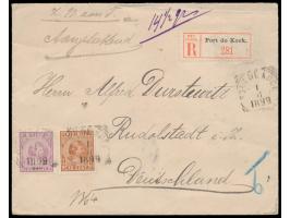 Niederländisch-Indien,  Prinzessin Wilhelmine 10 C. und 25 C. auf  Einschreibbrief  nach Deutschland, Vierkantstempel  Fort d