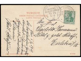 Stempel  MSP No. 14  5.4.10,  S.M.S. Loreley,  während der Mittelmeer-Reis 1910  in Beirut,  zwei Abschläge auf Ansichtskarte