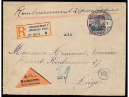 Einzelfrankatur 2 Pia. auf  Nachnahme-Einschreibbrief  mit Gitterstempel  Constantinopel 1  18.6.12 nach Belgien, dreieckiger