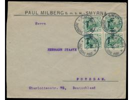 4 x 10 Pa. mit  Firmenlochung "P.M."  (2 verschiedene Stellungen) auf Brief mit vorderseitigem Absendereindruck "Paul Milberg