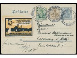 Dt. Reich-Ganzsache  2 + 3 Pf. mit Zusatzfrankatur 10 Para und  Spendenvignette  5 Para zugunsten Schüler-Unterstützungskasse