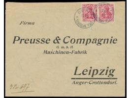 waagerechtes Paar 10 Pf. Germania als  "Mitläufer"  auf Rückumschlag nach Leipzig, 2 x Stempel  Beirut **  15.3.14, rückseiti
