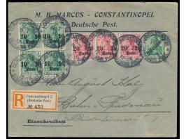 Viererblock 10 Para und 3 x 20 Para mit 5 C. (als 10 Para) auf  Einschreibbrief  2. Gewicht nach Berlin, Stempel  Constantino