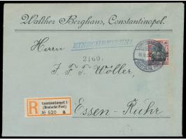 Einzelfrankatur 2 Pia. auf  Einschreibbrief  mit Gitterstempel  Constantinopel 1  11.8.14 (etwas verwackelt) nach Essen, R-Ze