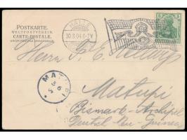 5 Pf. auf Ansichtskarte Halle - Schmeerstrasse,  Flaggen-Maschinenstempel  Halle (Saale) 2 30.3.04,  nach Matupi,  Ankunftste