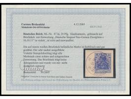 Dt. Reich 20 Pf. auf Briefstück mit violettem Stempel Deutsche Seepost  Neu-Guinea Zweiglinie c  16.10.11, kompletter, in all