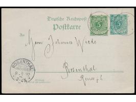 Privatganzsache  5 Pf. (Frech PP 9 A 2 / 05, grünlichgrauer Karton) mit Zusatzfrankatur Vorläufer 5 Pf. nach Deutschland, Ste